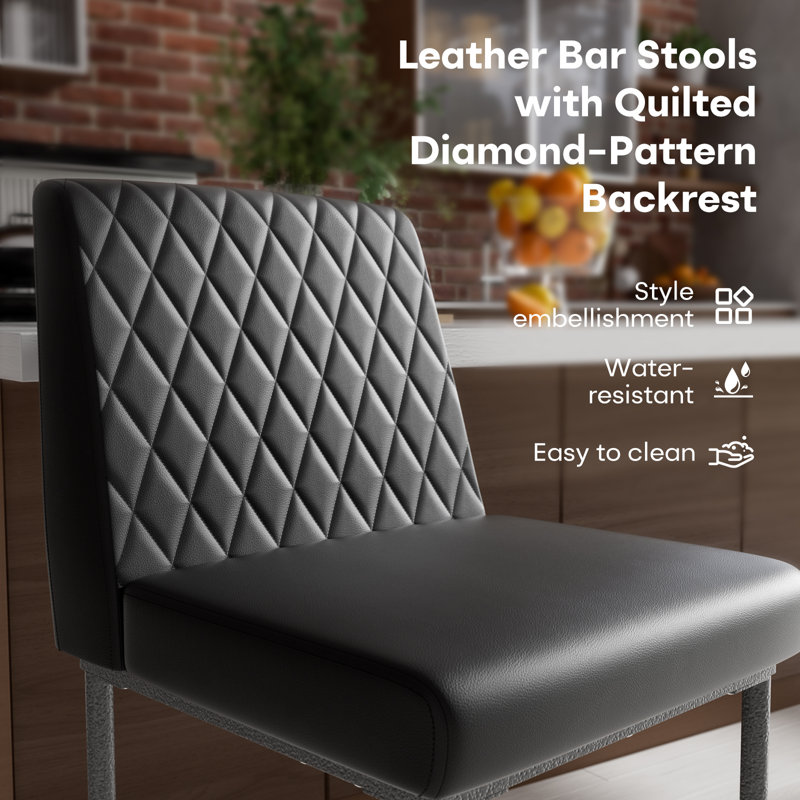 Ensemble de tabourets de bar à hauteur de comptoir de 6 po, tabourets de bar industriels de 26 po avec dossier, tabourets de bar en cuir noir avec assise rembourrée et structure en métal peint pour îlot de cuisine