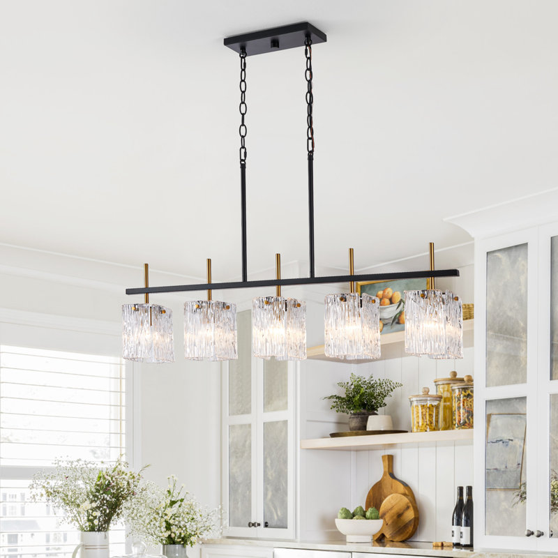 Luminaire suspendu linéaire en verre noir pour îlot de cuisine à 5 lumières Harlune, Noir / dieu