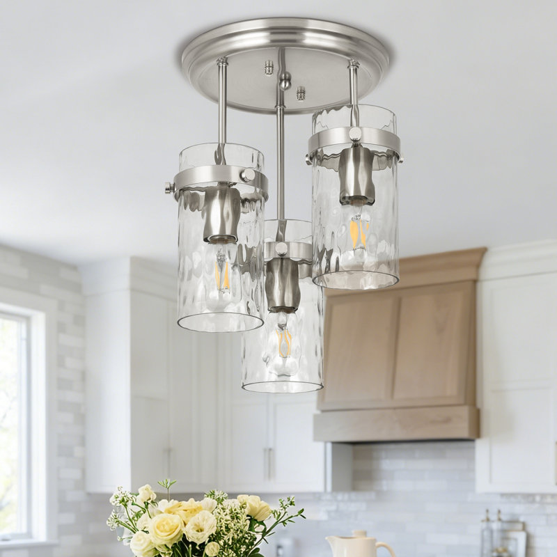 3-Light Flush Mount Ceiling Light With Water Glass, 3.9" Wide, E26 Base, Nickel