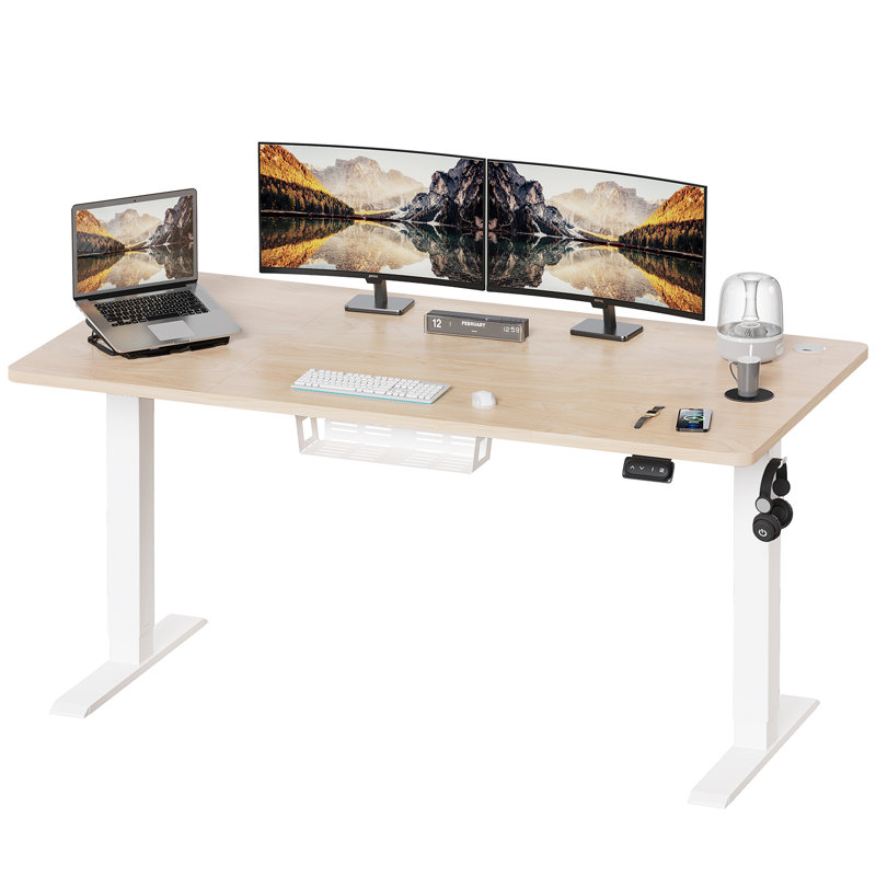 Electric T-Shape Height Adjustable Standing Desk, 140cm W x 60cm D, Beige