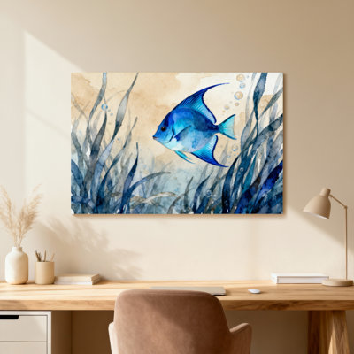 Animal Blue Fish Swimming Among Seaweed And Bubbles