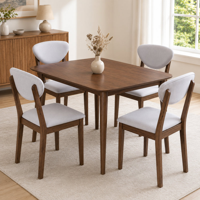 Cet ensemble de salle à manger gris clair pour quatre personnes présente un style Mid-Century moderne et comprend une table et des chaises de cinq pièces