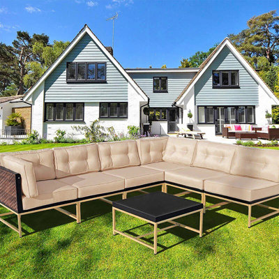 7-Piece Outdoor Patio Sectional Sofa Set, Metal Frame Modular Conversation Furniture With Thick Waterproof Cushions & Tempered Glass Coffee Table For Backyard Poolside