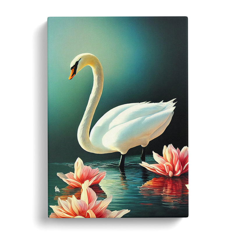 Swan In A Lily Pond - Wrapped Canvas Print, 50cm H x 35cm W x 3cm D