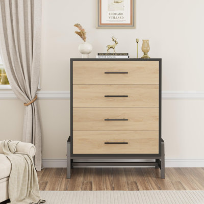 Modern 4-Drawer Tall Dresser with Waterproof Top, Ultra-Deep Drawers & Raised Metal Legs, Freestanding Wooden Storage Chest for Living Room
