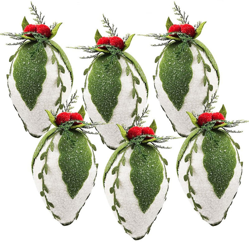 Ensemble de 6 ornements en forme de pomme de pin glacée blanc / vert