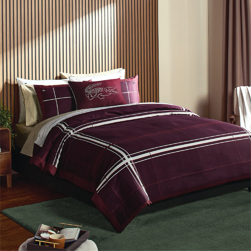 Lacoste Playful Check Cotton King 3-Piece Burgundy Comforter Set, King Comforter + 2 Shams, Burgundy Playful Checks