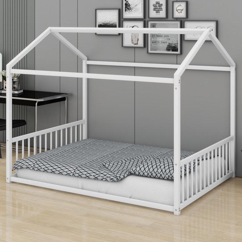 Sturdy Metal House Frame Bed: Montessori-Inspired Low-Profile Sleeper With Safety Rails For Independence, White