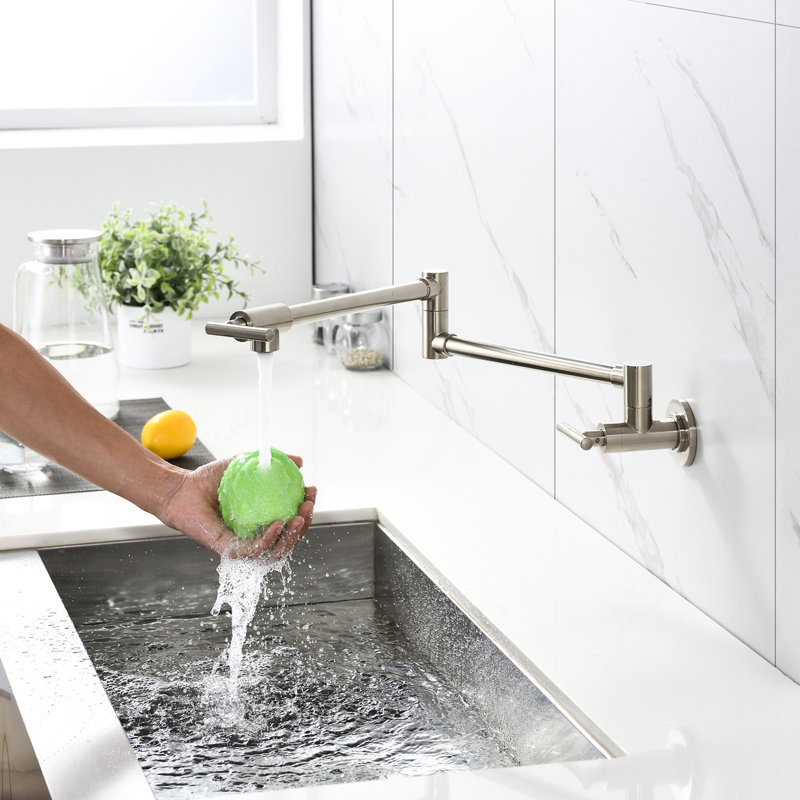 Brushed Nickel Pot Filler Faucet With Wall Mount & Folding Design - Arm For Hassle- Filling, Double Handles Precise Water Flow Regulation, Surface Finish Mounted Kitchen In Efficient Output, Special