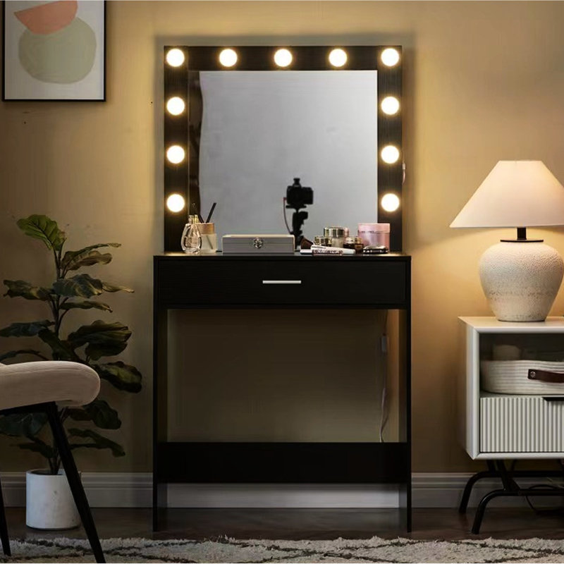 Bureau de coiffeuse avec miroir et lumières, coiffeuse avec 1 grand tiroir, Noir