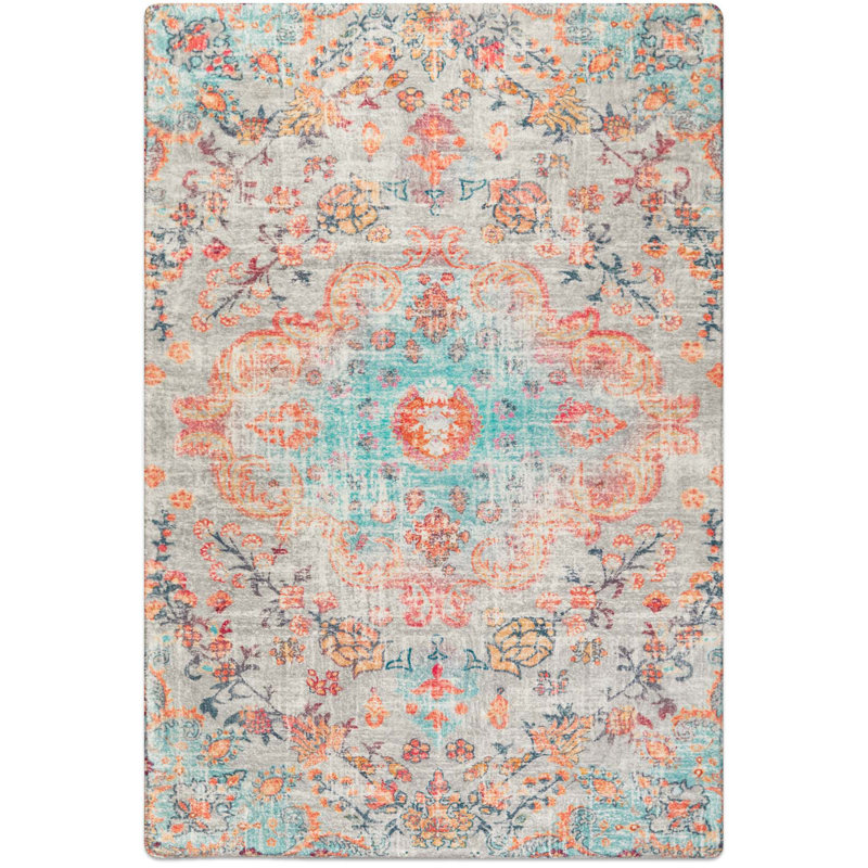 Juanelle Performance Washable Indoor Rug, Retangle 6' x 9', Teal & Coral