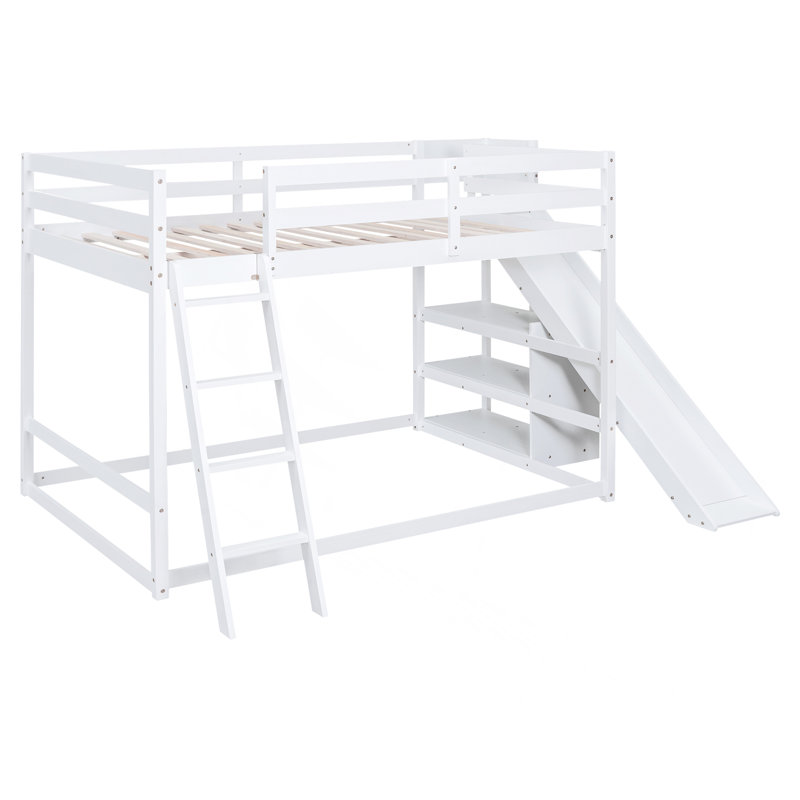 Lit superposé double avec échelle, glissade et tablettes, blanc