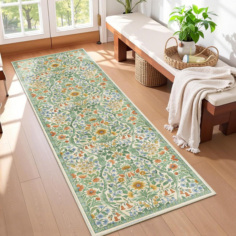Washable Area Rug - Vintage Boho Botanical Low-Pile Rug, Runner 2' x 6', Grass Green