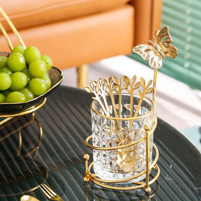 6PCS Coffee Spoons Set With Glass Holder,Small Stainless Steel Gold Tea Spoon,Mini Dessert Spoons Set For Fruit,Stirring, Mixing, Sugar, Ice Cream, Cake