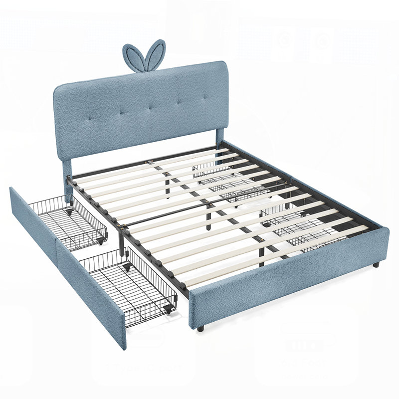 Lit tapissier pour enfants avec tête de lit surdimensionnée pour oreilles de lapin, 4 tiroirs de rangement à DEL, tissu Boucle