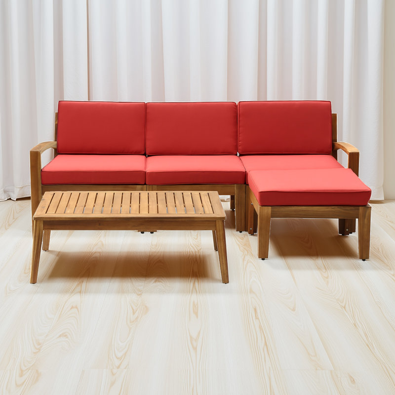 Ensemble de canapé modulaire d'extérieur en forme de L - Bois d'acacia, 3 places + repose-pieds + table basse, coussins résistants à l'eau