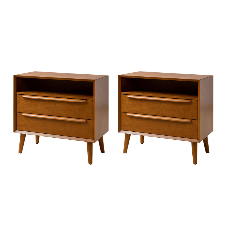 Aviannah Mid-Century Modern 2 - Drawer Nightstand With Built-In Charging Station And Legs And Open Shelf Set Of 2, Acorn