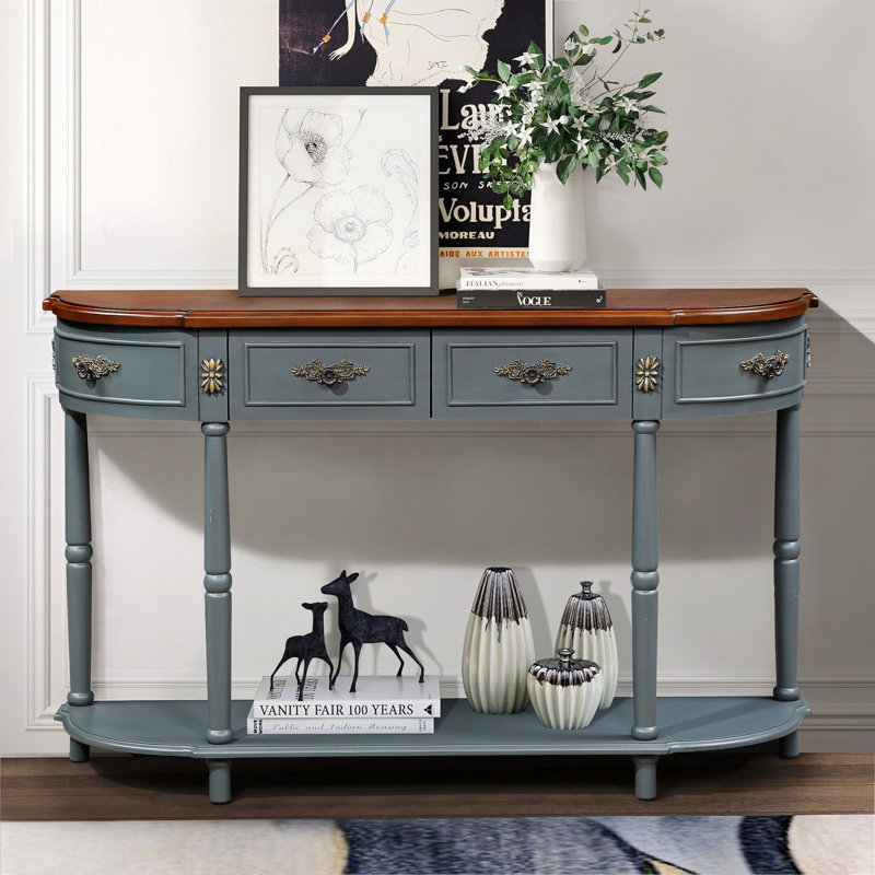 Retro Curved Wood Console Table, Half Moon Table With Open Shelf And 2 Drawers, Antique Gray
