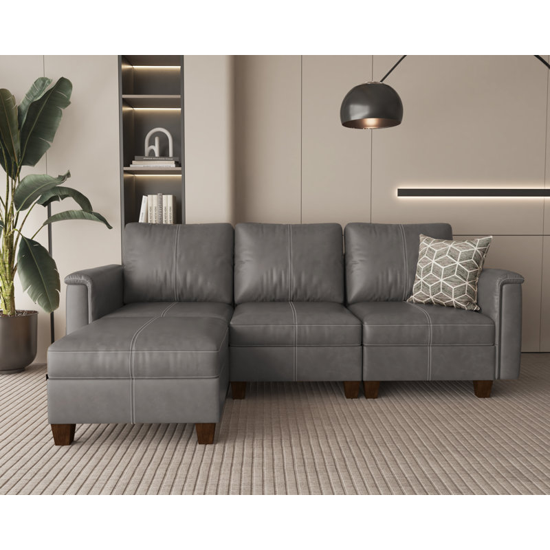 Canapé modulaire 91 po en similicuir avec repose-pieds de rangement, canapé en L réversible de style Mid-Century moderne avec accoudoirs rembourrés, gris