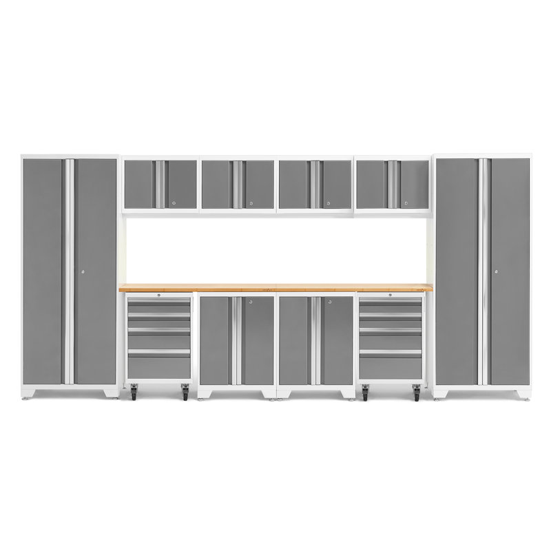Ensemble d'armoires de rangement de 12 pièces Bold Series, Bambou, Luminaire à DEL, Blanc