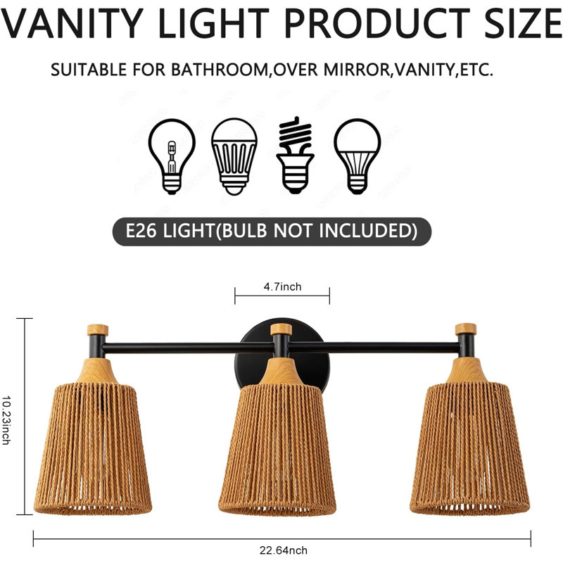 Luminaire de salle de bain 3 lumières bohème avec abat-jour en rotin sur miroir en osier tissé rustique Boho, Trois lumières