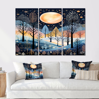 Pleine lune sur les bois d'hiver de Noël - ensemble d'art mural forêt