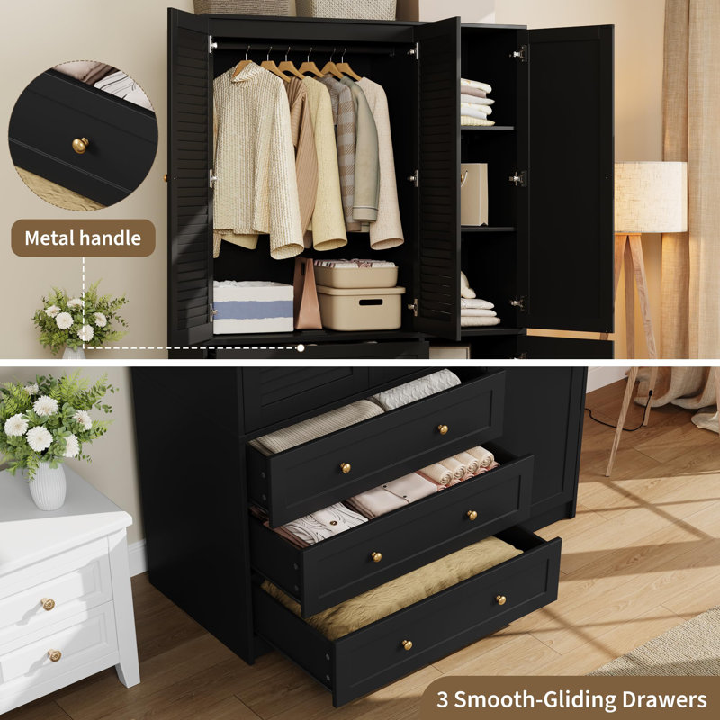 Armoire-penderie en bois de 178 cm avec miroir et 3 tiroirs, grande armoire autoportante pour le rangement de la chambre, noire