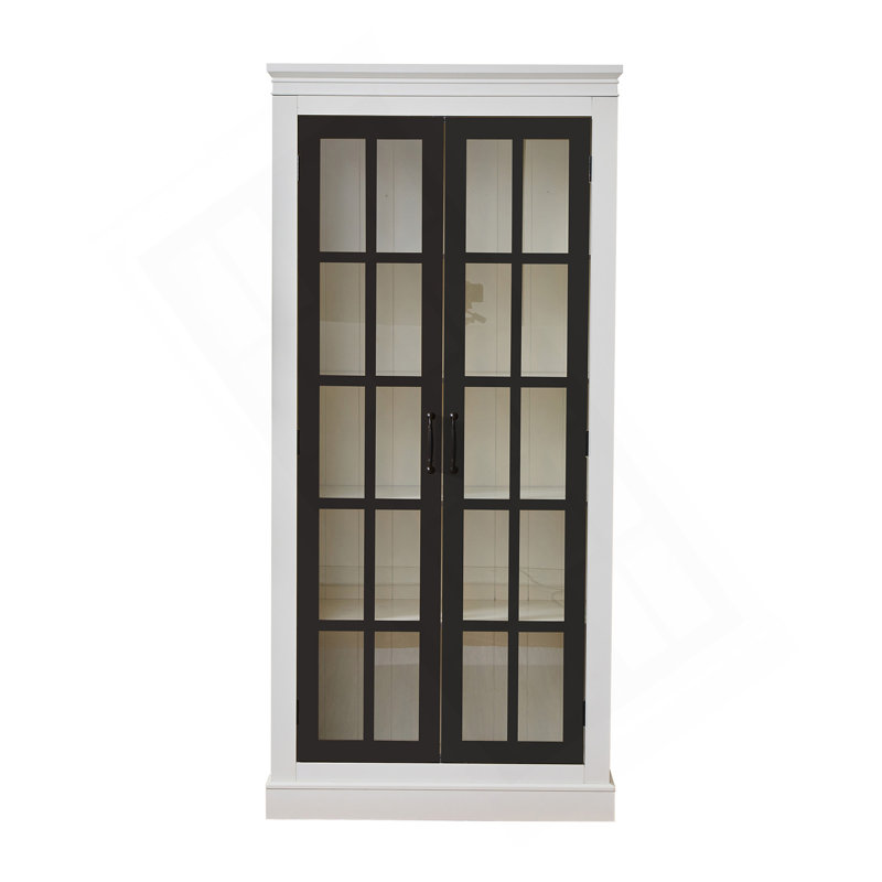 71.2'' Freestanding Glass Door Pantry, Farmhouse Style Display Cabinets, Curio Cabinet With Lattice Window For Hallways, Livingroom Kitchen & Office, White & Black