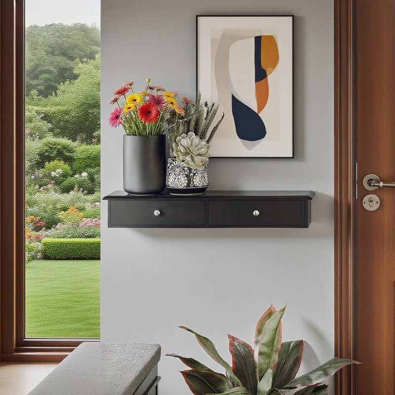 Lamartine Floating Shelf with Drawer, Black