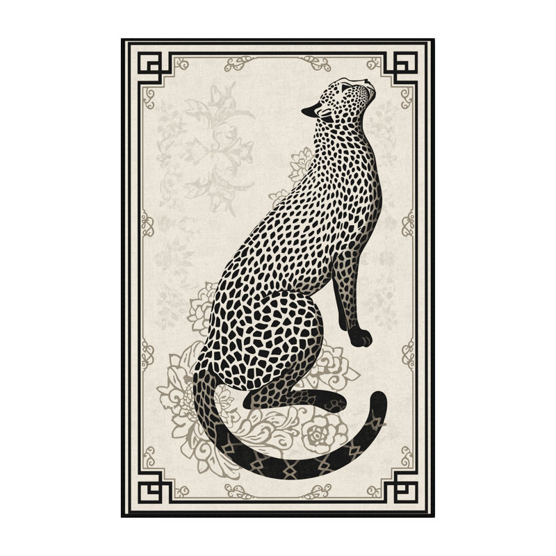 Machine Washable Ozain Cheetah Traditional Oriental Rug in Beige – Black Binding, 5x8