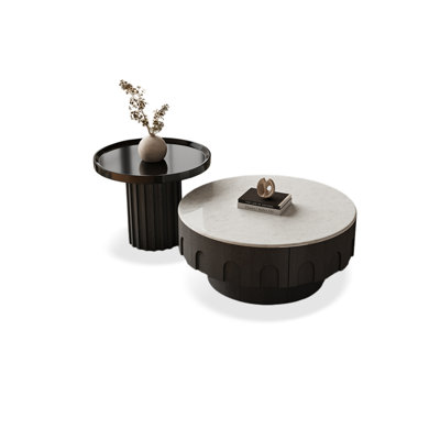 Black Sintered Stone + Solid Wood Round Coffee Table Sets