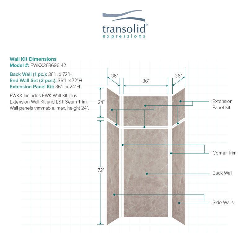 Expressions 6 Panel Shower Wall, Dover Stone, 96" H x 36" W x 36" D