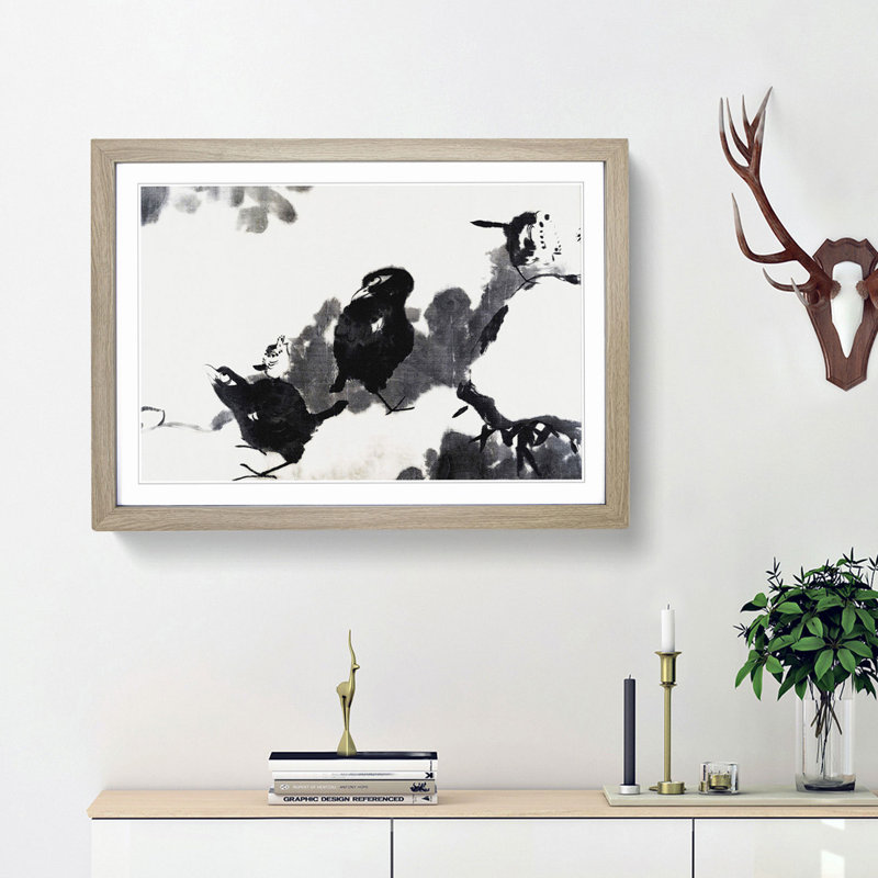 Birds in a Lotus Pond by Bada Shanren - Picture Frame Painting Print, 48cm H x 65cm W x 2cm D, Oak Framed