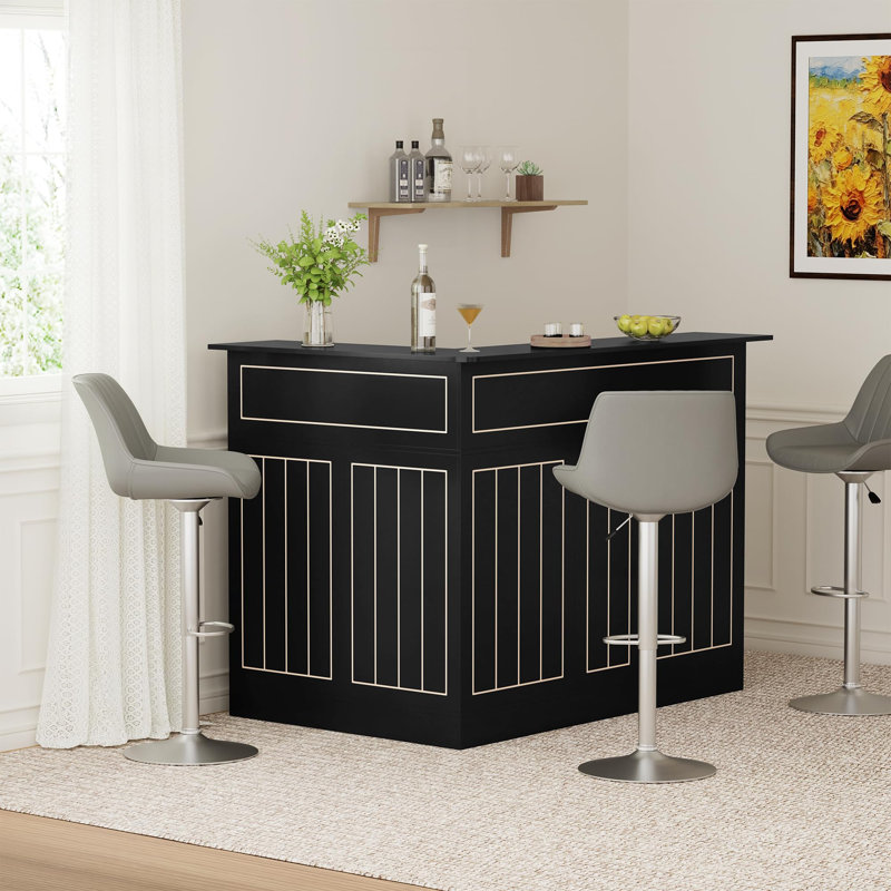 Buffet de bar en L avec espace pour réfrigérateur, prises de courant intégrées, tiroir, étagères à vapeur, parfait pour la maison, le bureau ou le magasin