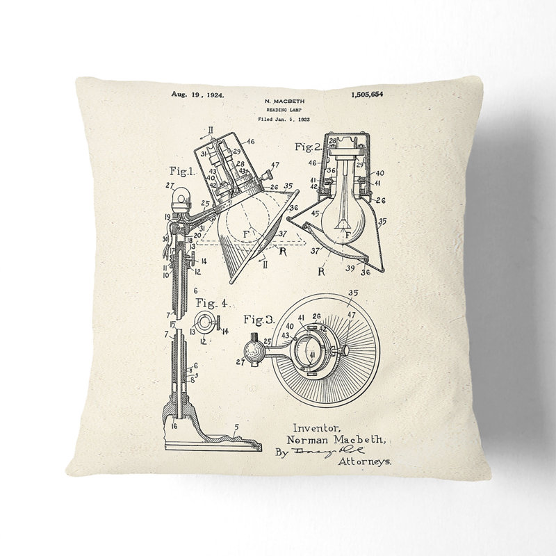 Reading Lamp Patent Square Throw Cushion, 55cm H x 55cm W x 20cm D, White