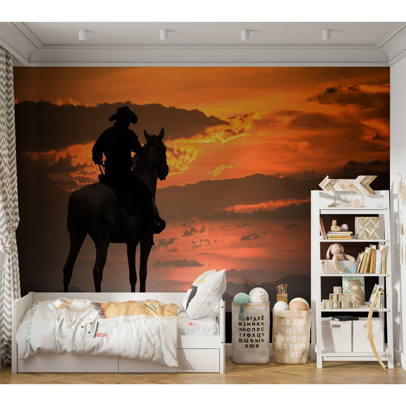 Premium Wallpaper Wall Mural - Cowboy Sunset Silhouette, 108" L x 150" W