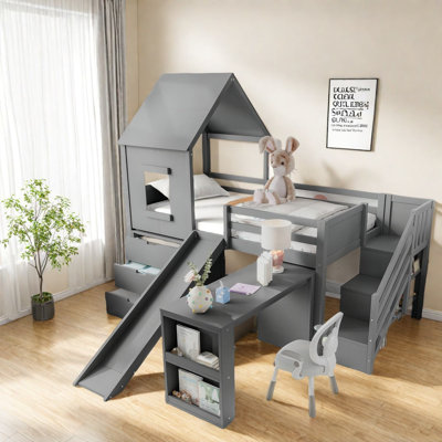 Space-saving Twin Loft Beds With Wood Storage, Modern Multifunctional Design For Kids