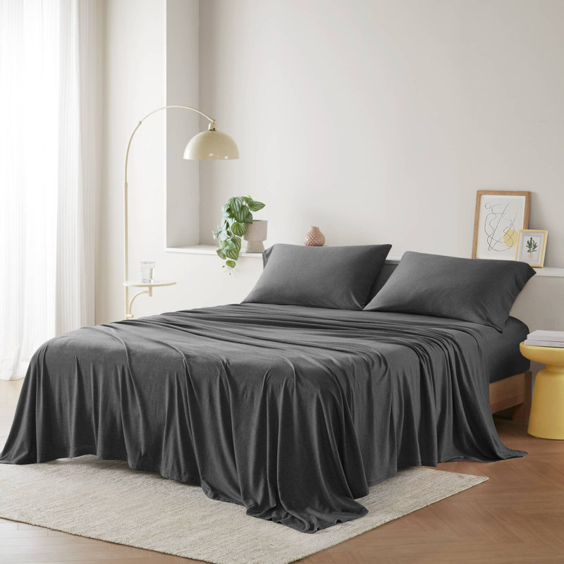  Ensemble de draps en tricot de coton toutes saisons, Ensemble de draps pour grand lit avec 2 taies d'or, Gris anthracite