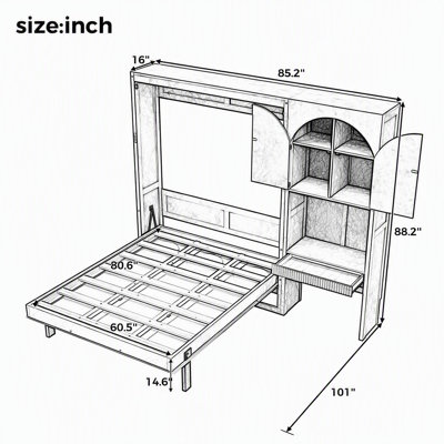 Murphy Bed with Side Storage Cabinet, LED, Built-in Desk, Drawers & Arched Cabinet Doors