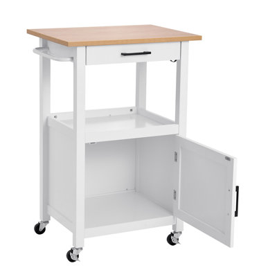 Modern White Rolling Kitchen Island Cart with Storage Cabinet, Drawer & Wood Top - Mobile Food Prep Table for Small Spaces