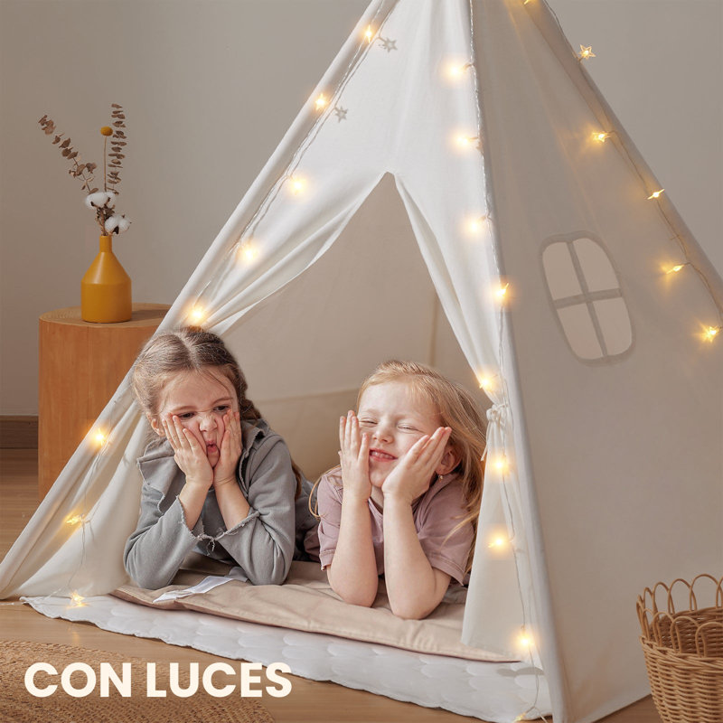 White Cotton Kids Teepee Tent with Pine Poles and Lights