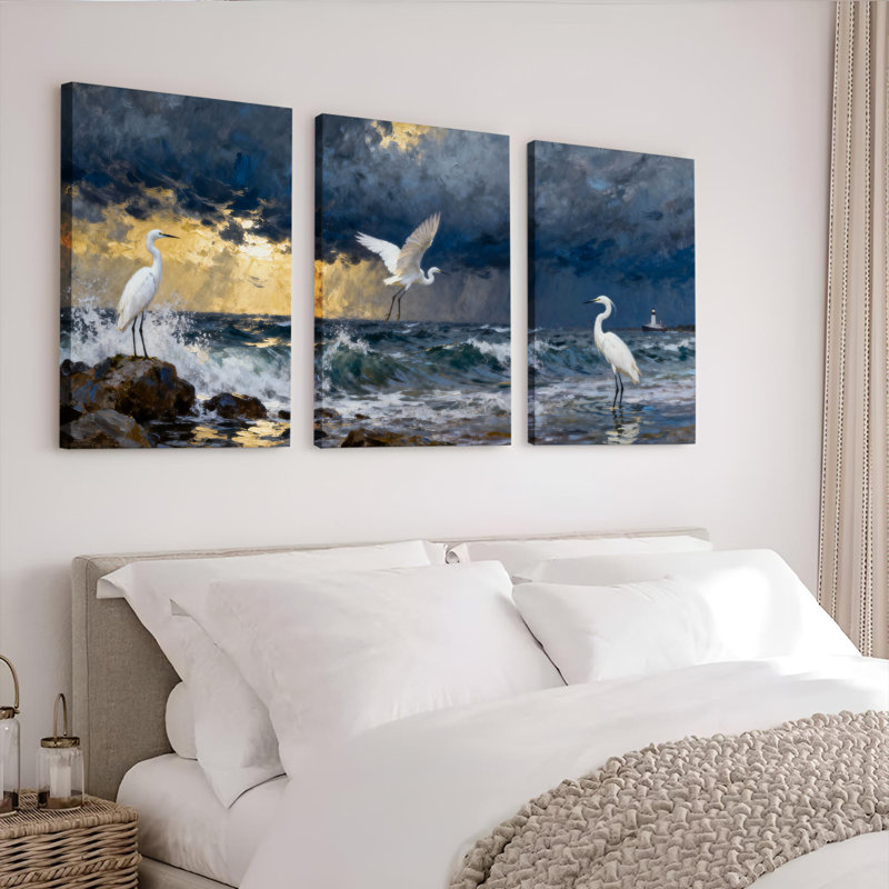 «White Heron Ocean Sunset», ensemble de 3 reproductions d'art sur toile tendues, H 24 po x l 48 po