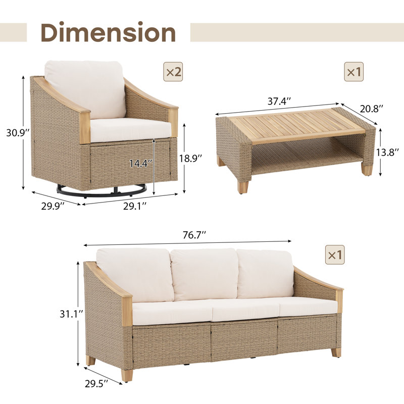 Ensemble de canapé en rotin 4 pièces tissé à la main, 4 pièces: table, canapé, 2 chaises pivotantes