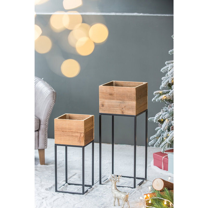 Ensemble de 2 boîtes en bois récupéré avec support en fer noir, L: 11 x 11 x 29,5 po: 8,5 x 8,5 x 21,5