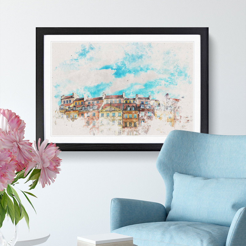Warsaw Old Town In Poland Watercolour - Framed Print, 33cm H x 45cm W x 2cm D, Black