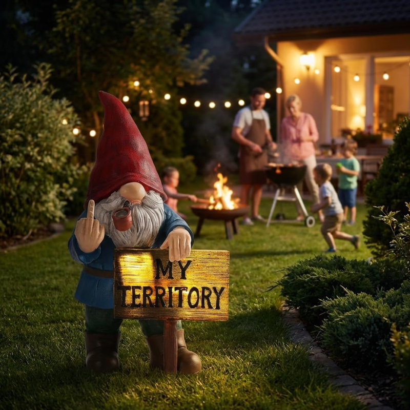 Gnome solaire avec enseigne lumineuse «My Territory», statue extérieure du doigt du milieu, cadeau bâillon pour l'anniversaire de Noël de la fête des Pères pour le mari