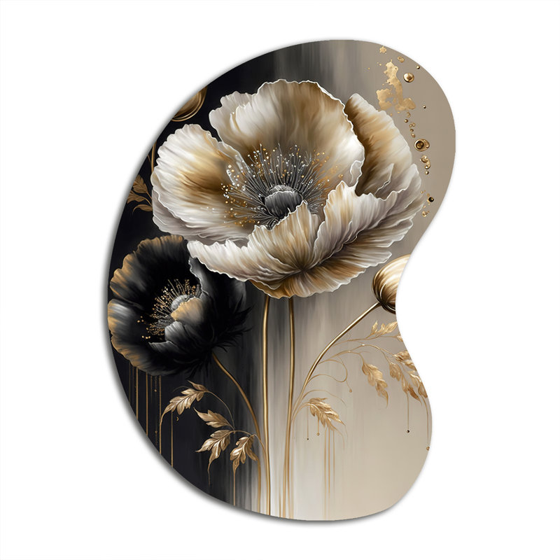 «Grey Gold Flower Bouquet V - Floral Unique Shape», reproduction d'art asymétrique traditionnelle, H 31 po x l 22 po x P 1 po