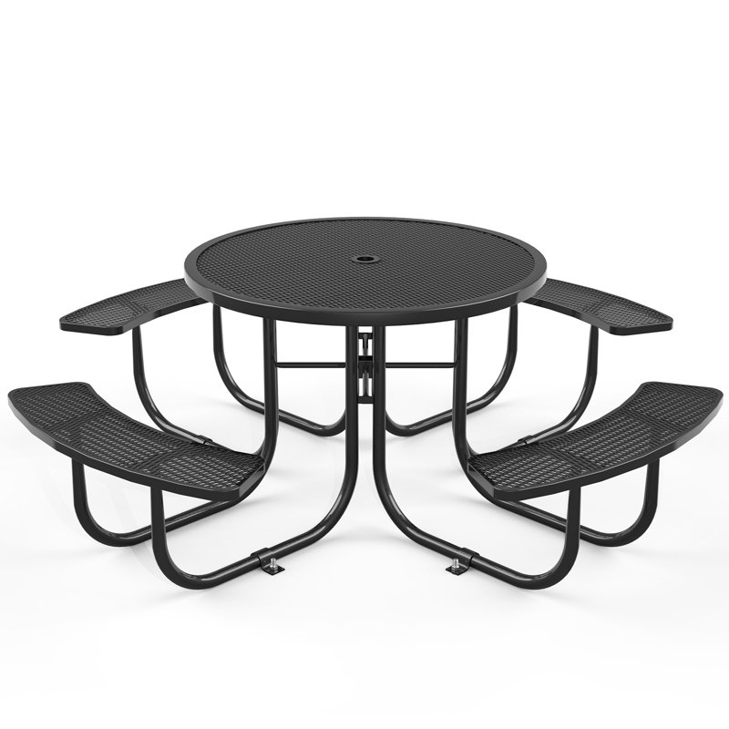 Klarrissa 8-Person 46" Round Metal Outdoor Picnic Table, Black