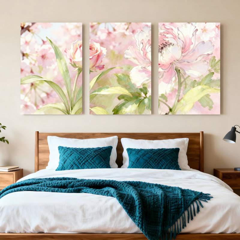 «Pastel Floral», reproduction d'art sur toile tendue à l'aquarelle, roses et pivoines roses (ensemble de 3)