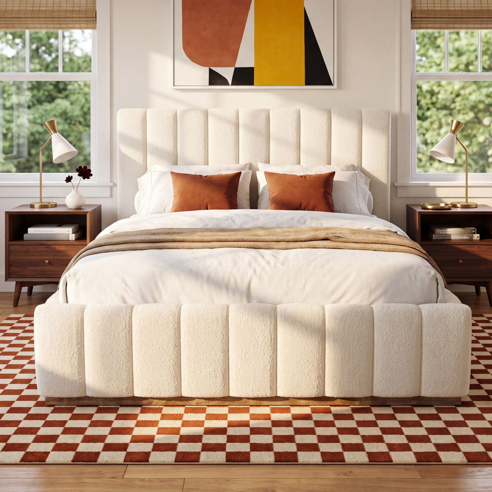 Upholstered Platform Bed, Full / Double, Cream